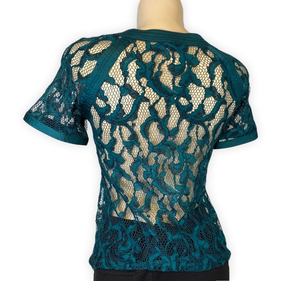 ^^HOST PICK^^ Teal Lace Overlay Blouse Sexy See Through • Size S - Picture 4 of 7
